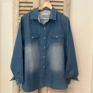 Women's 1X PLUS Cotton Blue Denim Ombre Button-Down Collared Long Sleeve Top